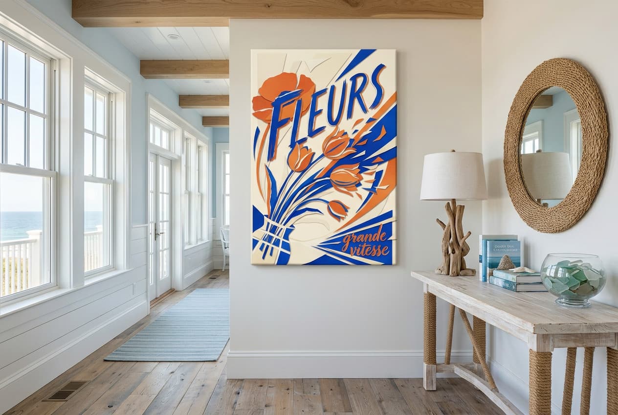 Coastal decor idea: “Canvas Flowers Full Speed” in a hallway