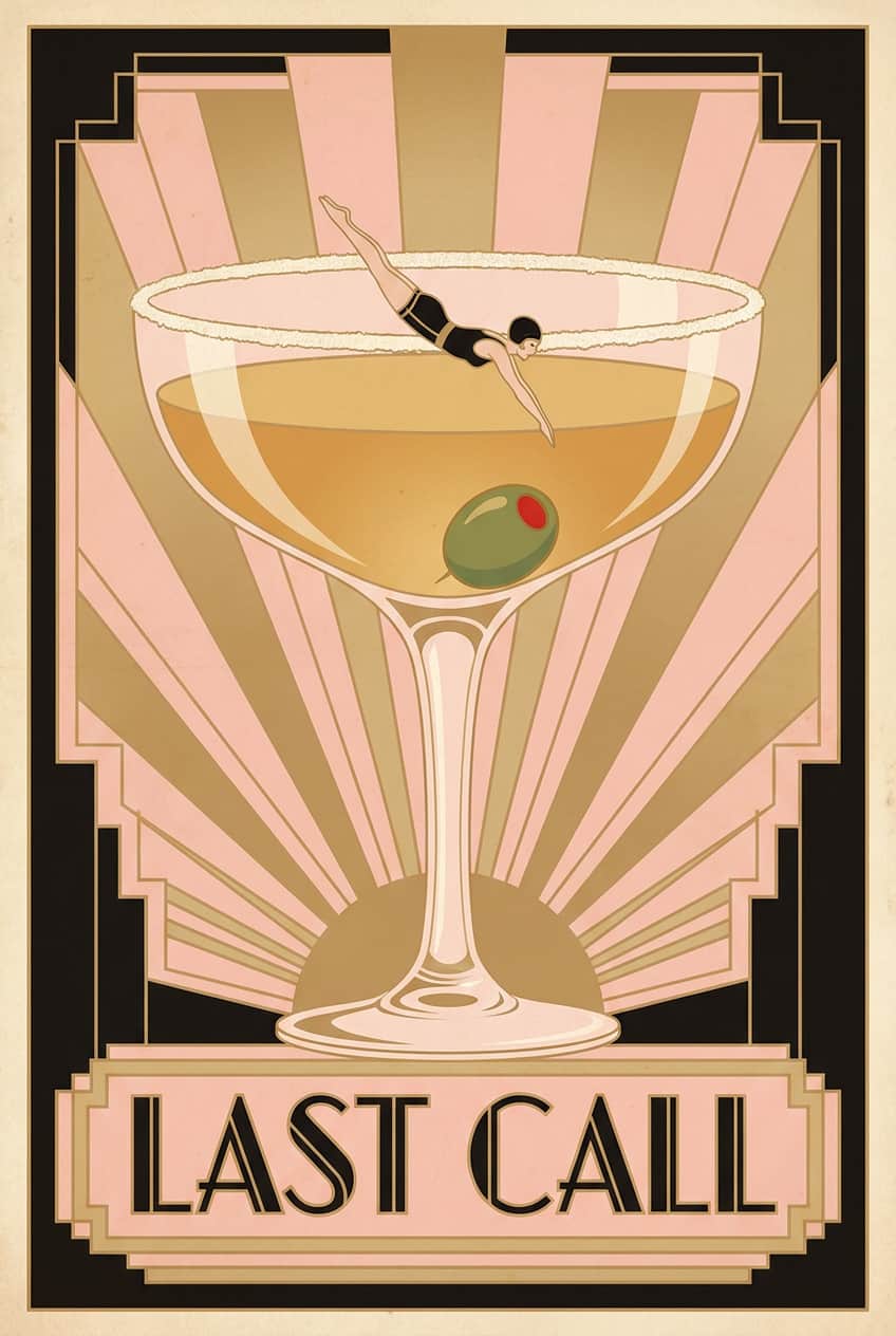 Poster of a stylish cocktail named 'Last Call', evoking a sophisticated bar atmosphere.
