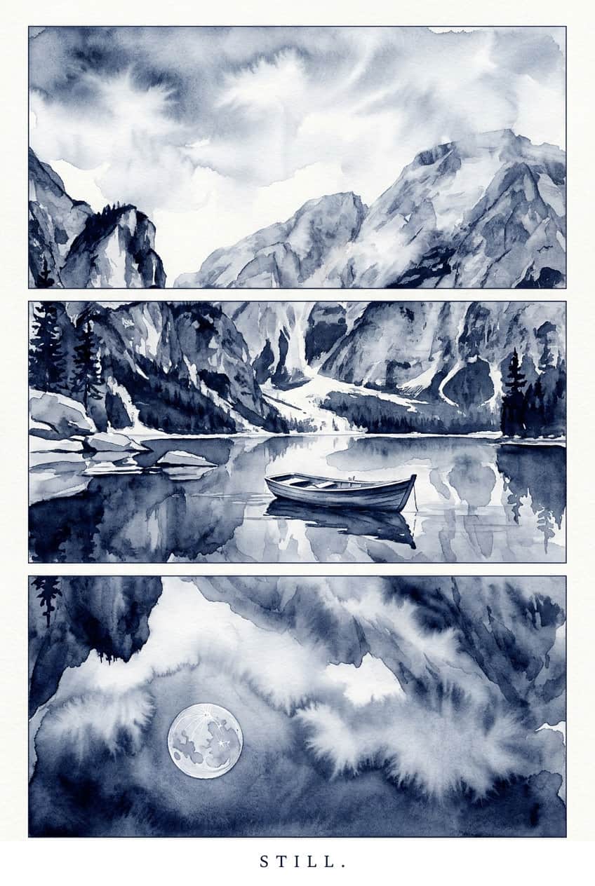 Canvas watercolor landscape still featuring soft washes of color depicting a tranquil natural scene.