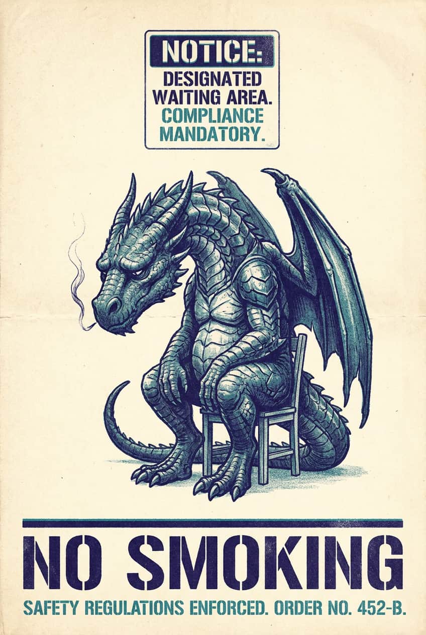 Art poster featuring a stylized dragon illustration with the text 'No Smoking'.