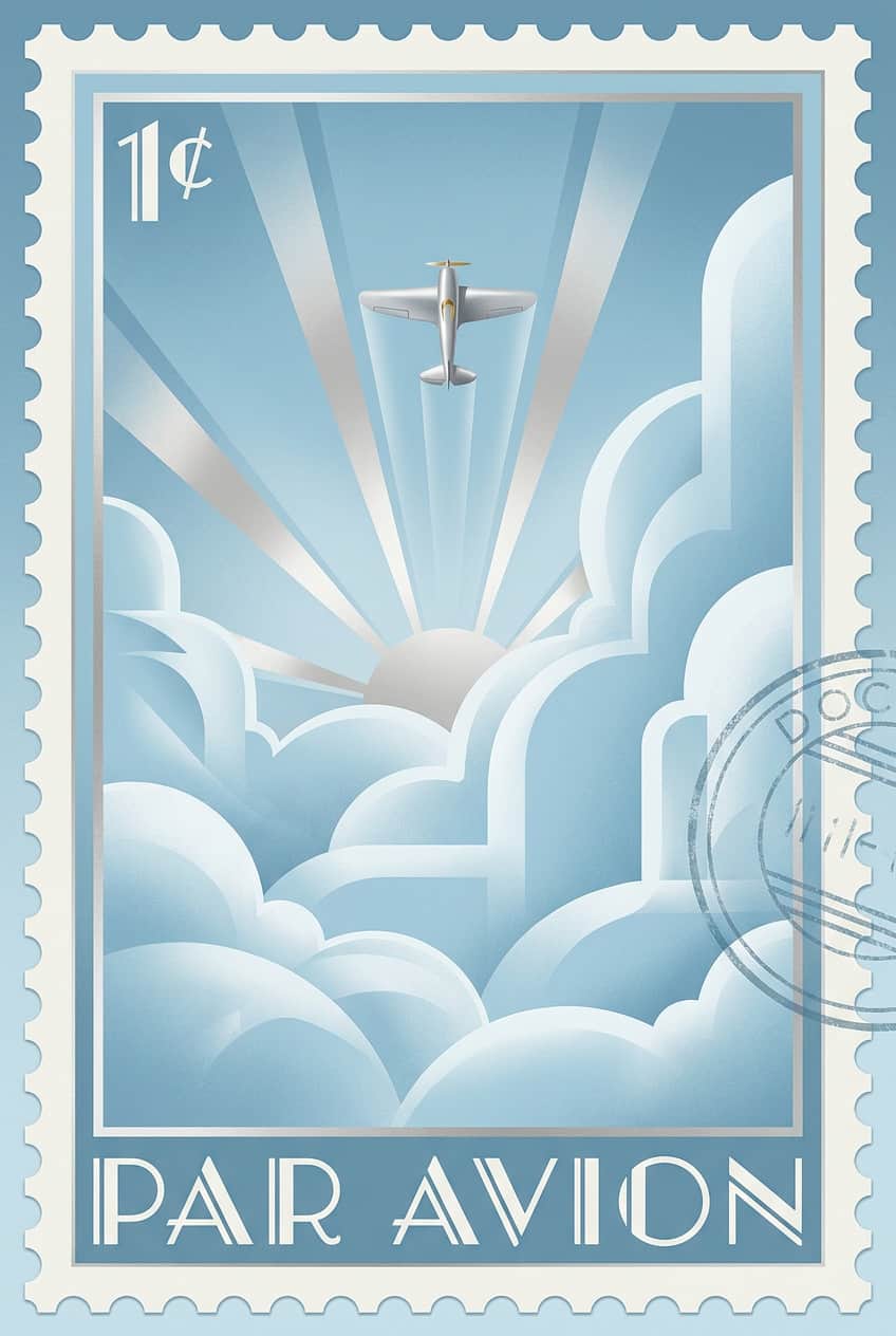 Poster of a vintage airplane with 'Par Avion' markings, rendered in a classic art style.