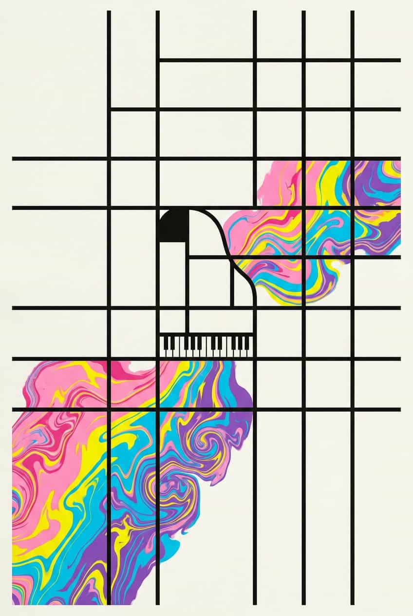 Canvas print featuring a colorful grid interpretation of a piano, showcasing musical notes and keys in abstract patterns.