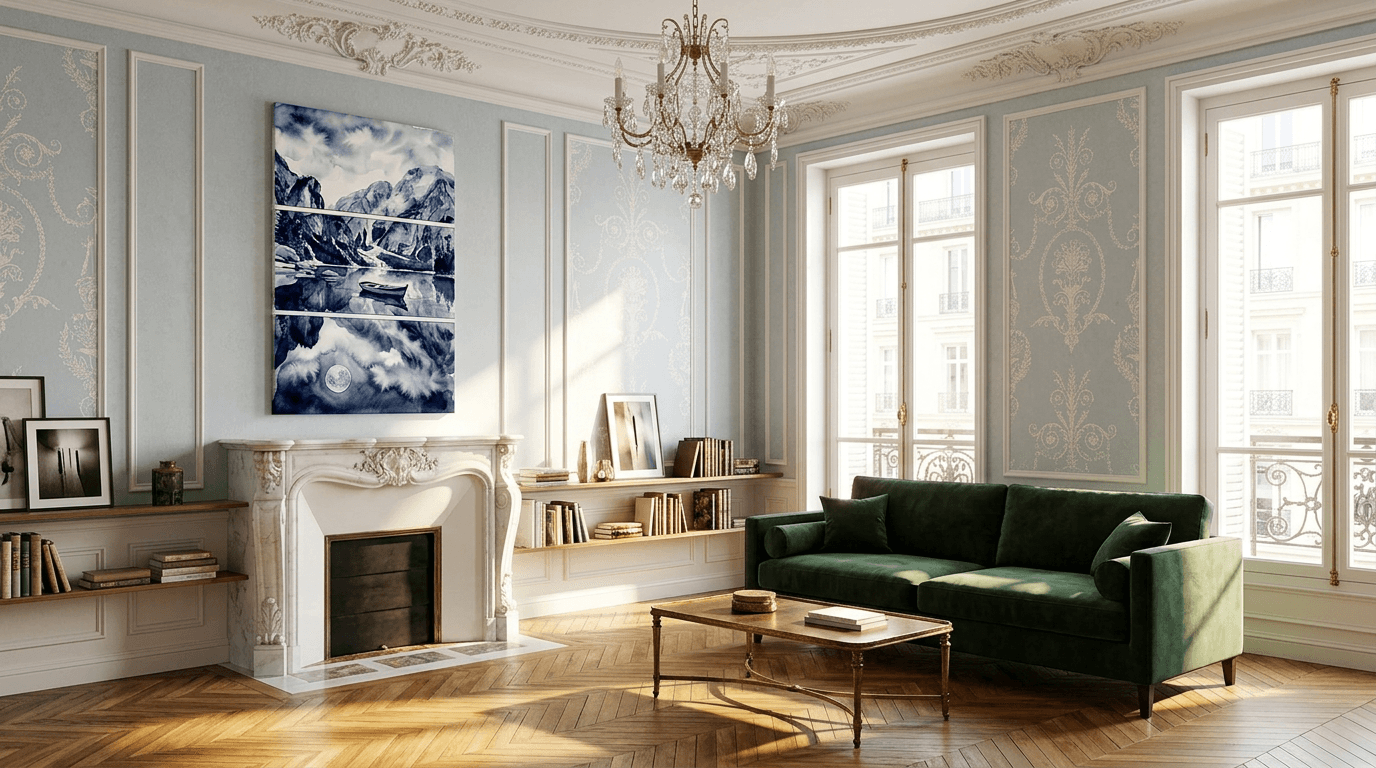 Elegant living room with landscape poster above a console table.