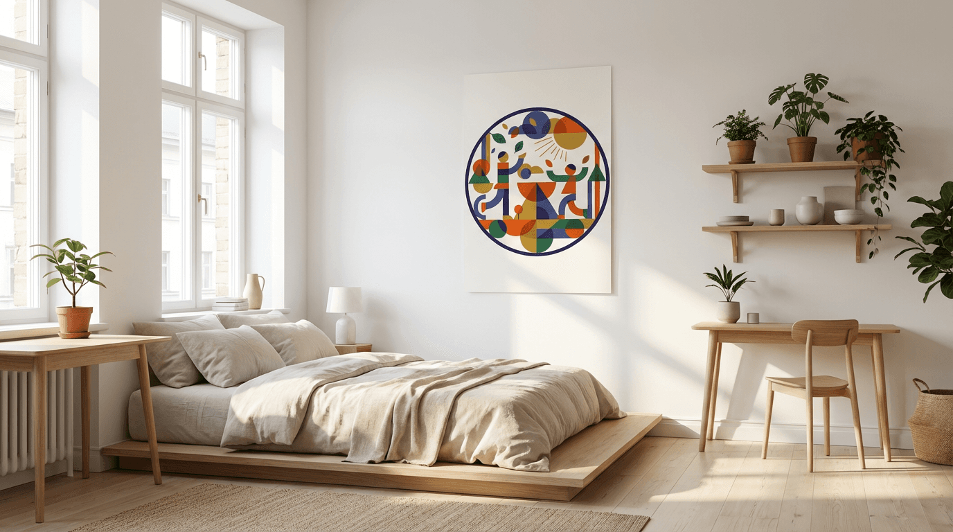 Colorful landscape poster hanging on the wall of a small bright and minimalist studio