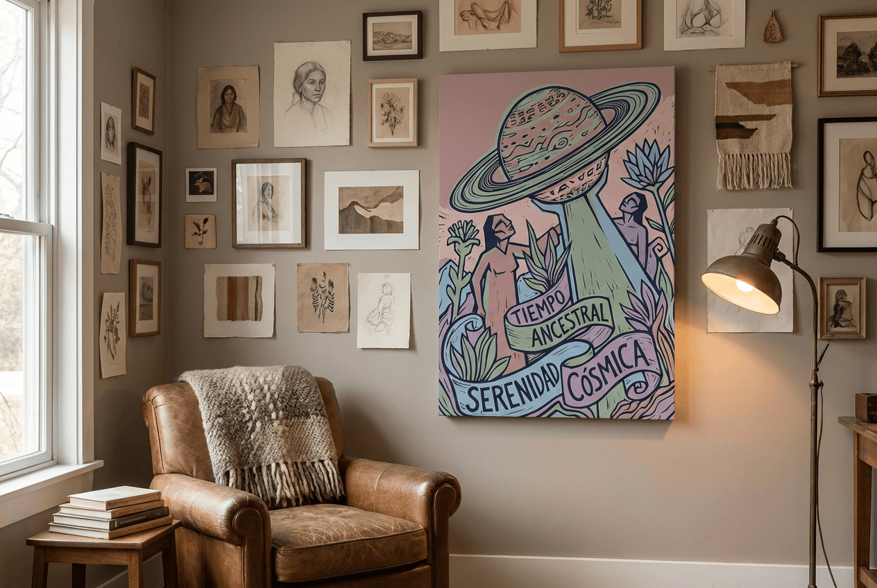 Saturn planet poster in a wall gallery of a small living space