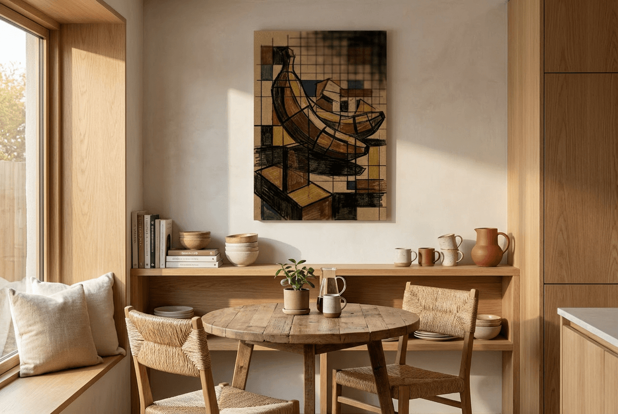 Colorful banana poster in a modern minimalist studio kitchen