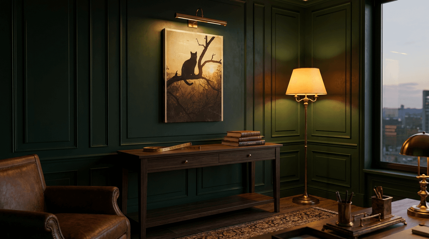 Black cat canvas print on a deep green panelled wall in an art-deco study at dusk