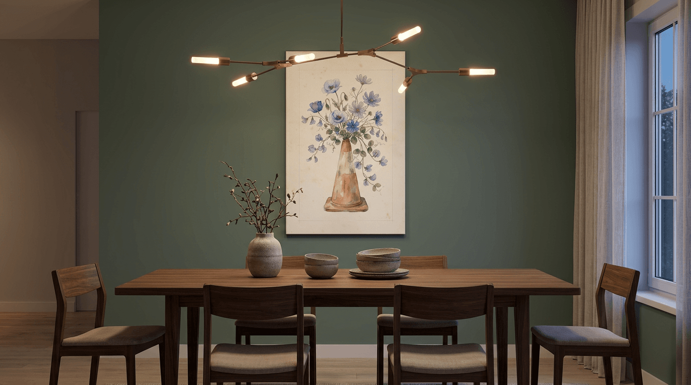 Canvas Watercolor Flowers Fig 1 hanging in a warm, mid-century modern dining room with terracotta walls and brass lighting.
