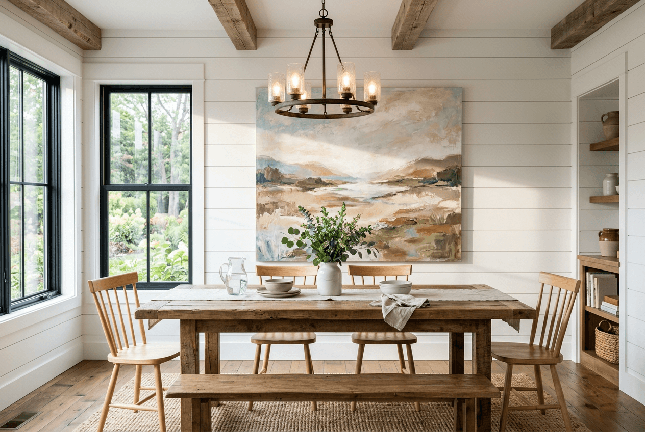 Canvas Buttercup Flower in a bright farmhouse dining room with white walls and natural wood accents.