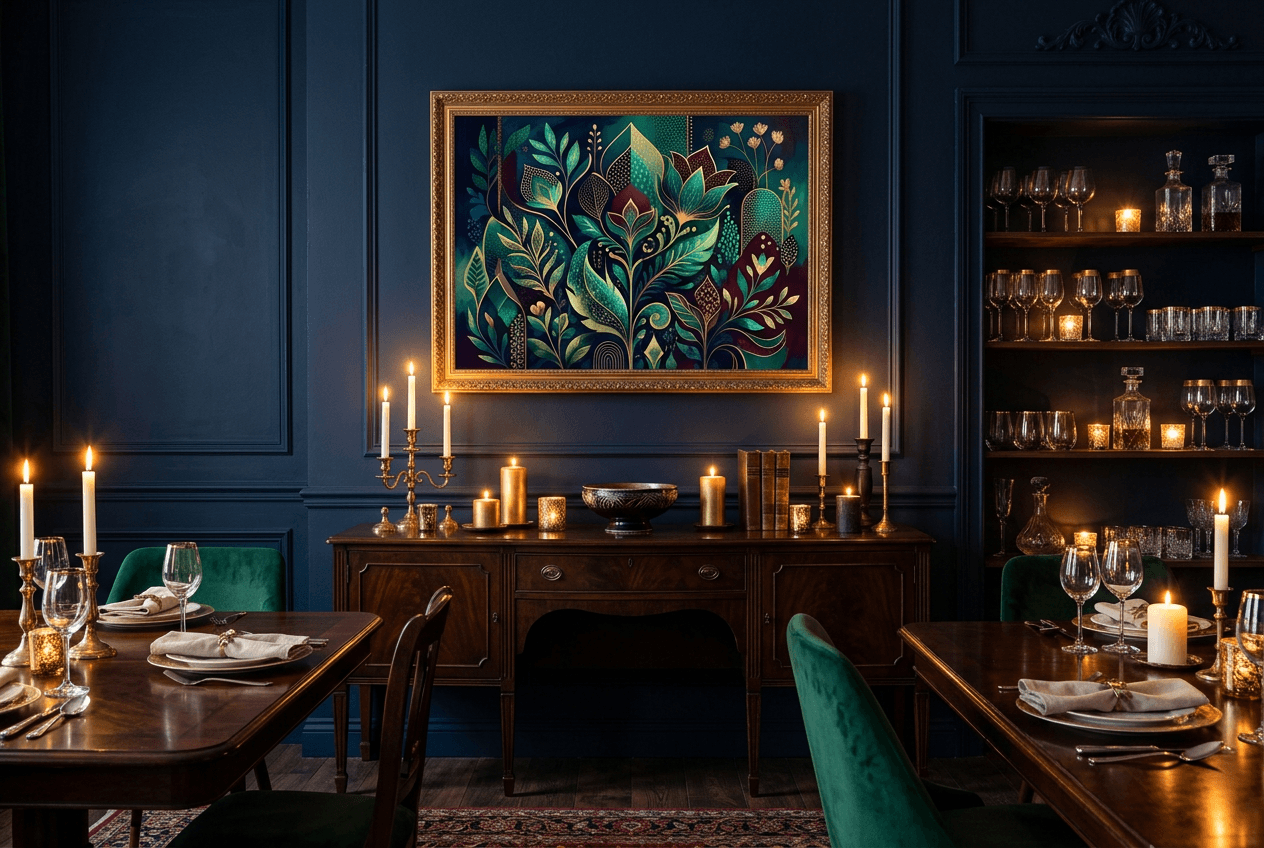 Poster Watercolor Flowers Fig 1 displayed at eye level in a jewel-toned dining room with gold accents.