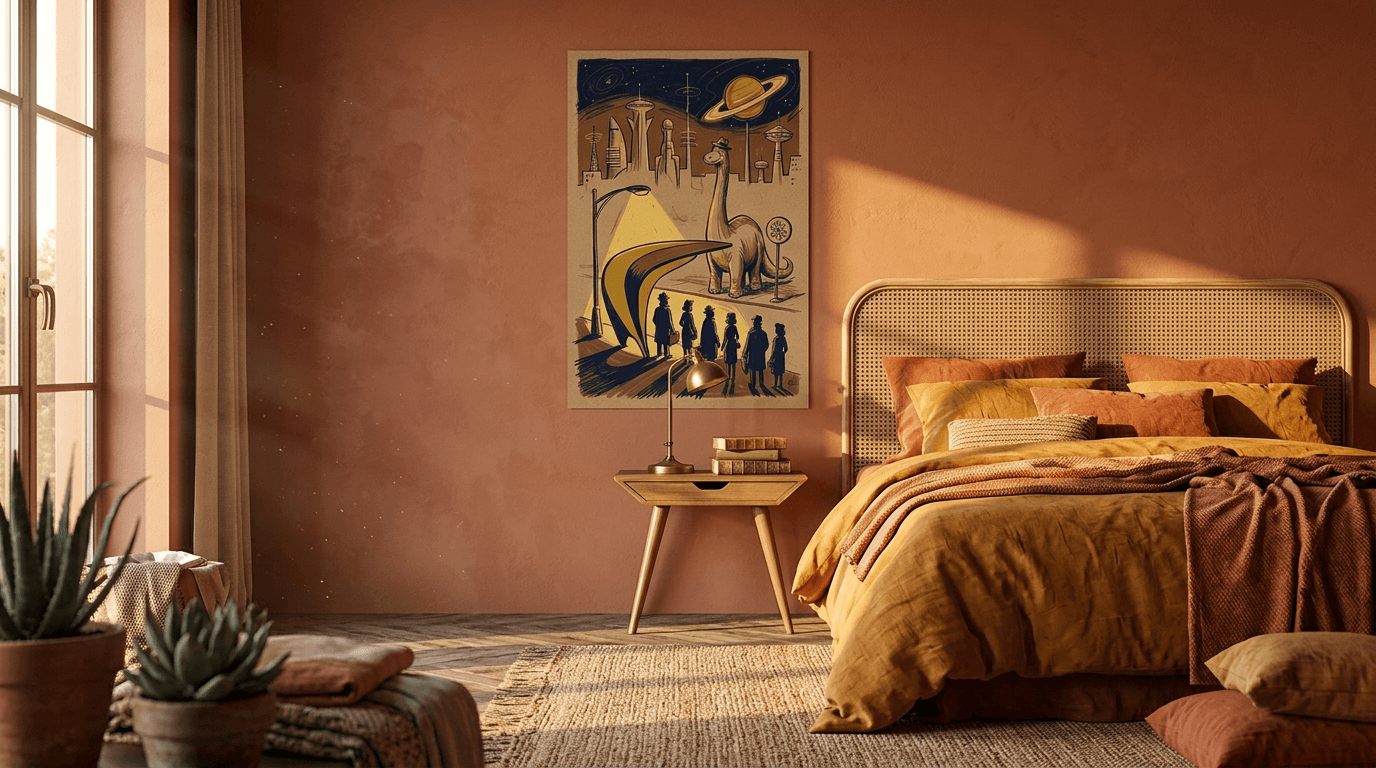 Calming modern bedroom with posters and wall art in gallery wall