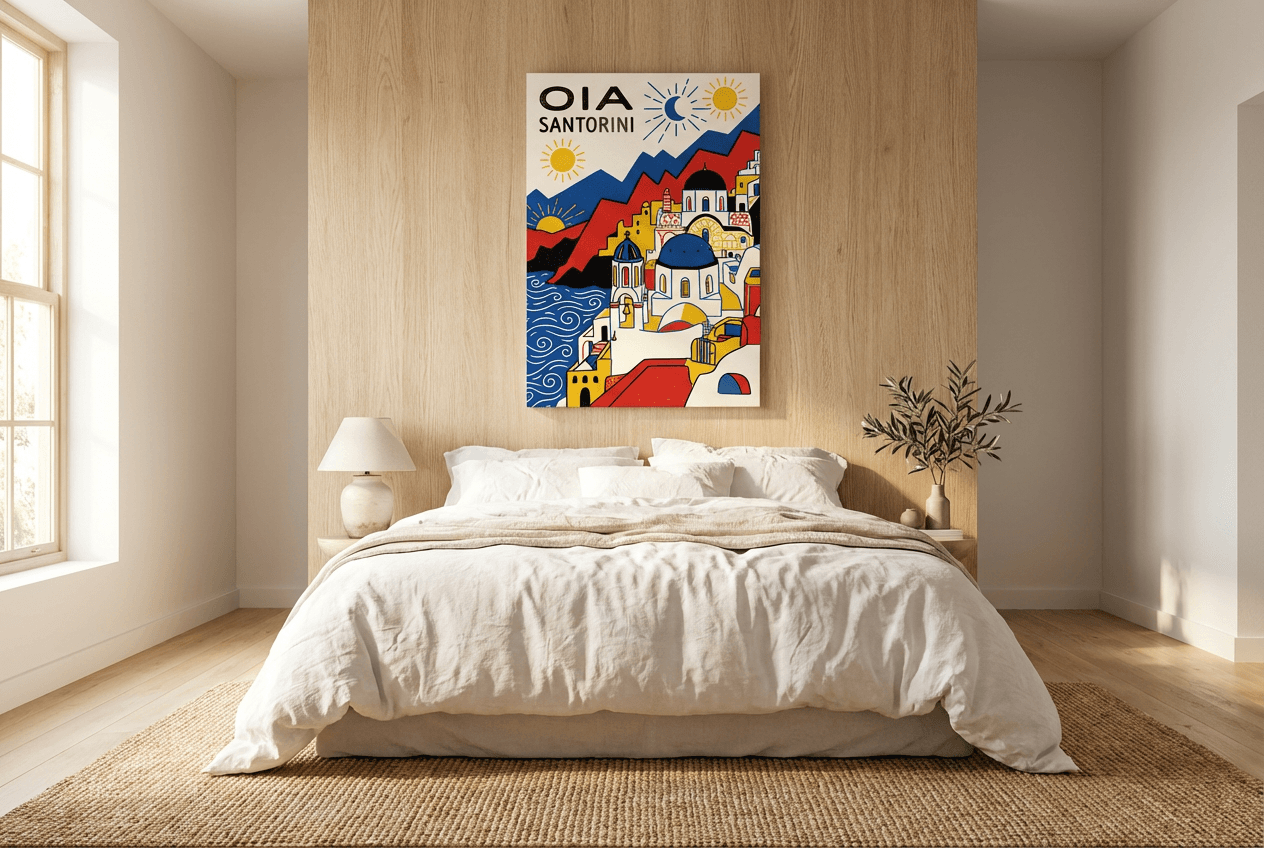 Oia Santorini poster above bed in Mediterranean bedroom