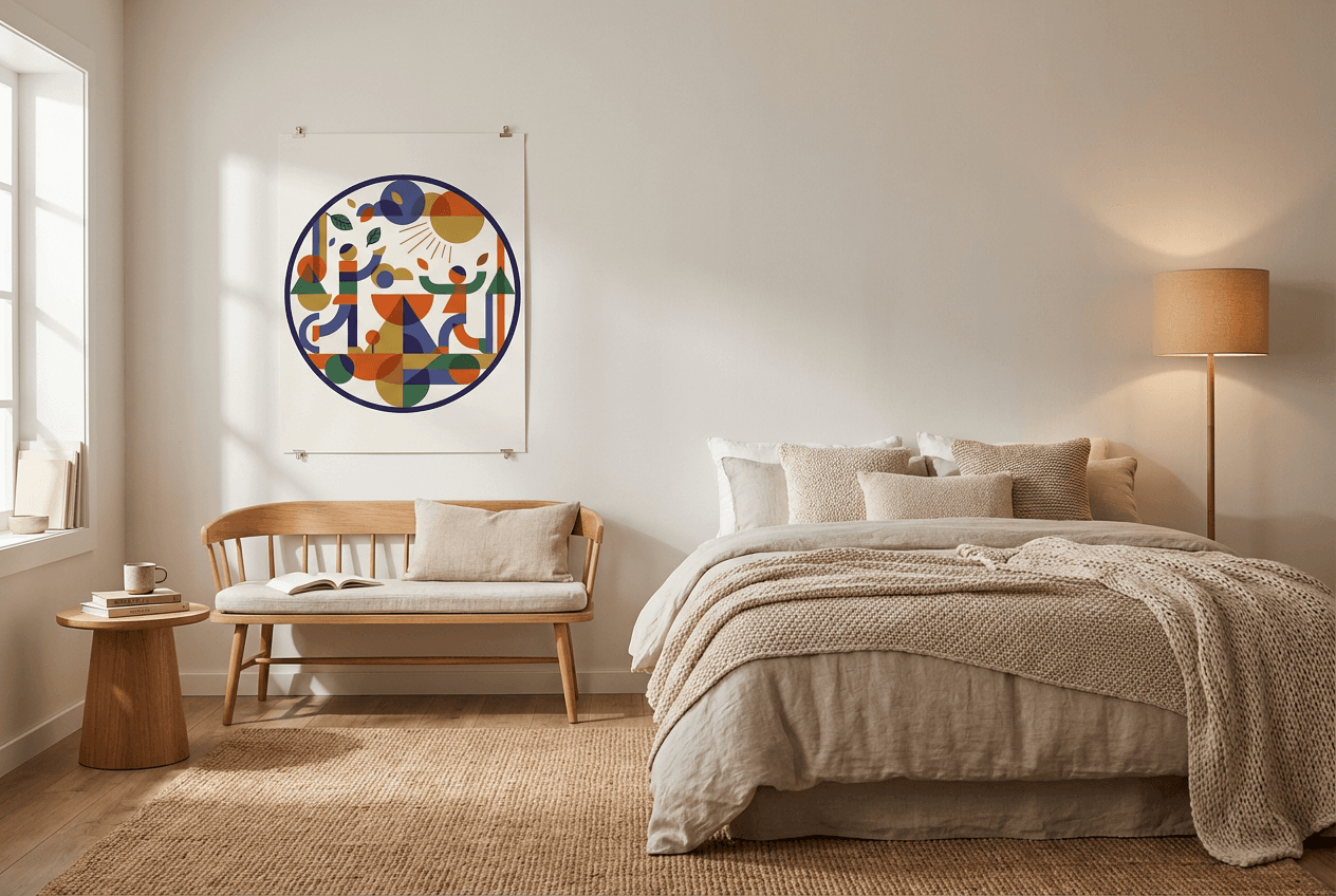 Joy Of Life poster in cozy bedroom with reading nook
