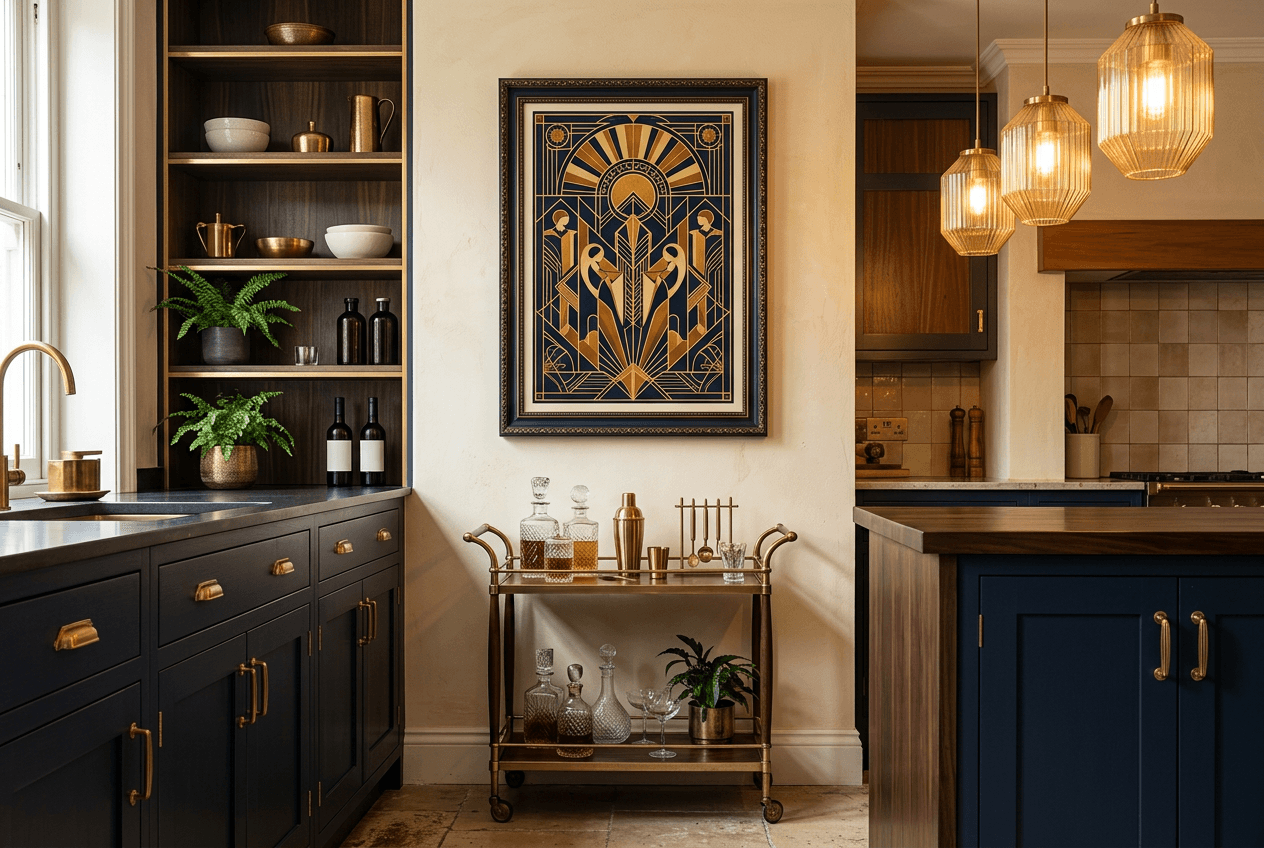 Poster Train On Time in an art-deco style kitchen with navy cabinetry.