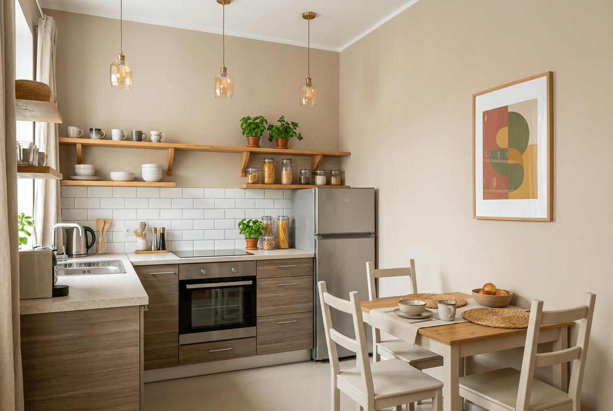 Poster Watercolor Flowers Fig 1 in a neutral rental kitchen space.