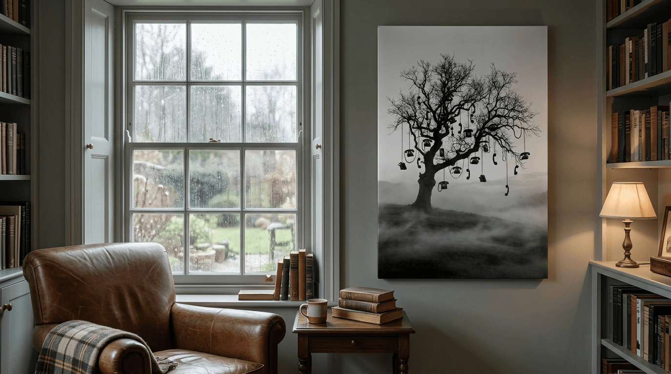 Ancient oak art print in a quiet reading corner with a leather armchair and soft rainy-day light