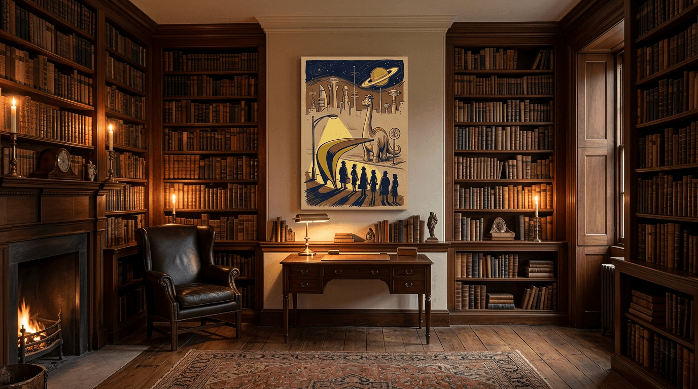 Dark academia bedroom with wolf poster on burgundy wall, brass lamp, velvet furnishings