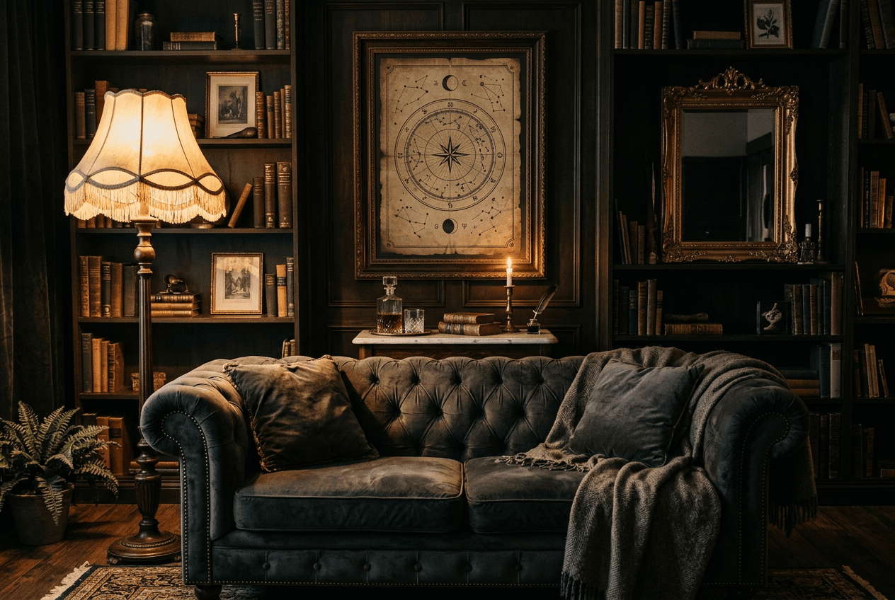 Living room with tiger sunset poster on grey wall, velvet sofa, gold accents
