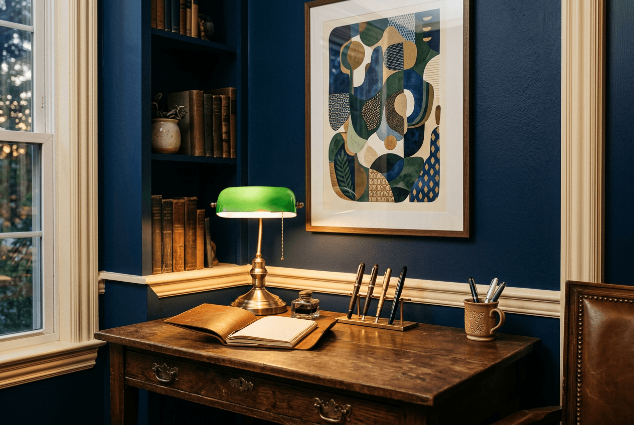 Study nook with guitar poster on navy wall, wooden desk, brass accents