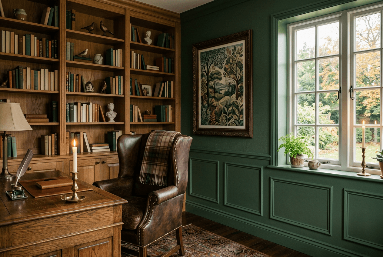 Home office with piano poster on green wall, oak shelving, leather chair