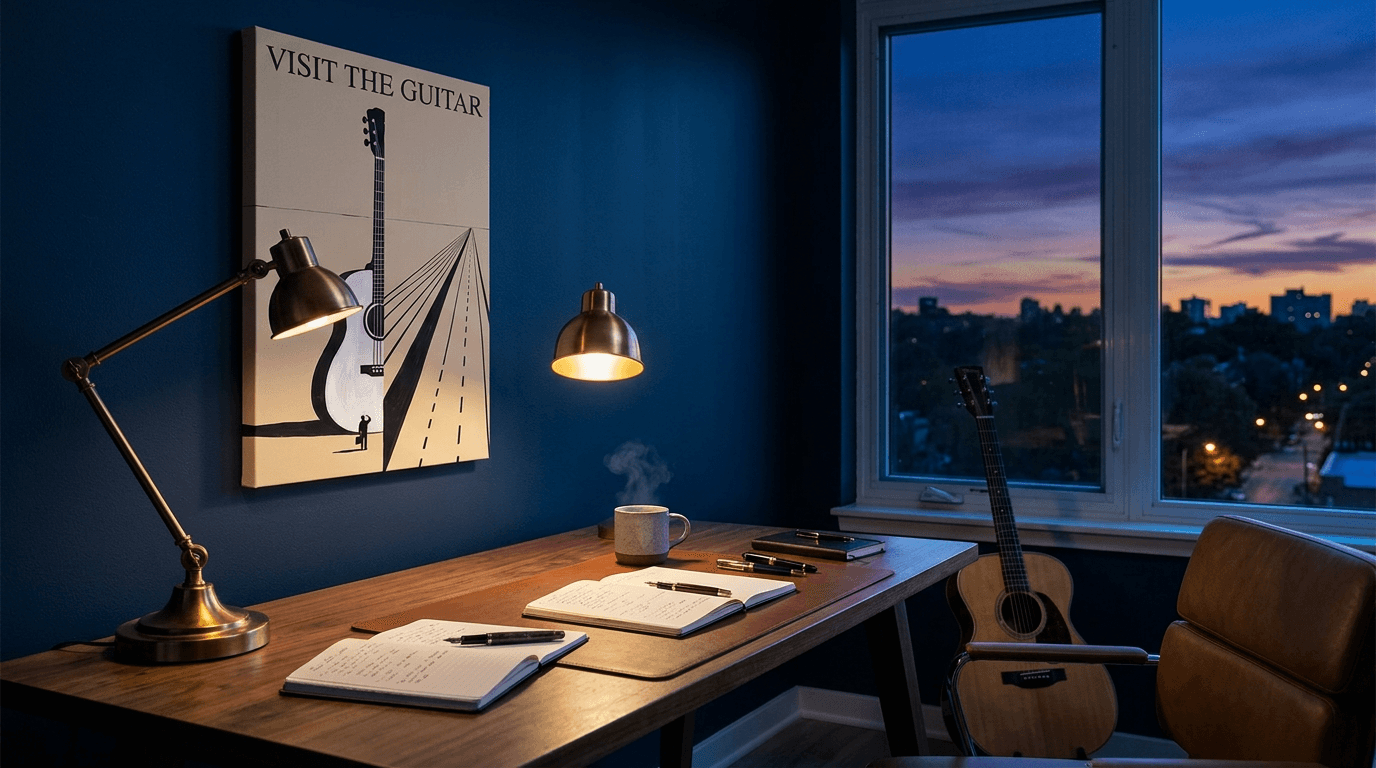 Minimalist desk with colorful poster on light beige wall, natural light, green plants