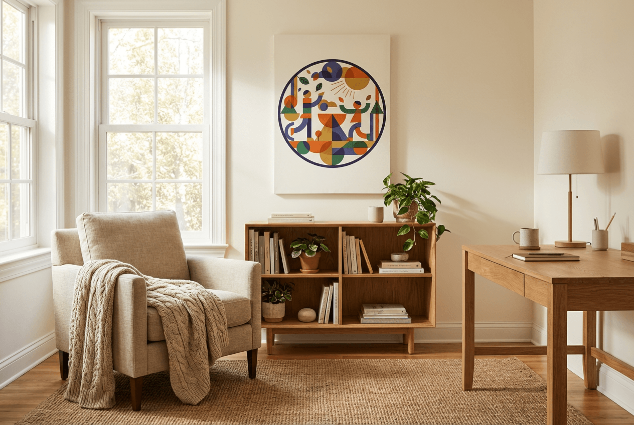 Warm desk with Joy Of Life canvas on cream wall, natural wood furniture, welcoming atmosphere