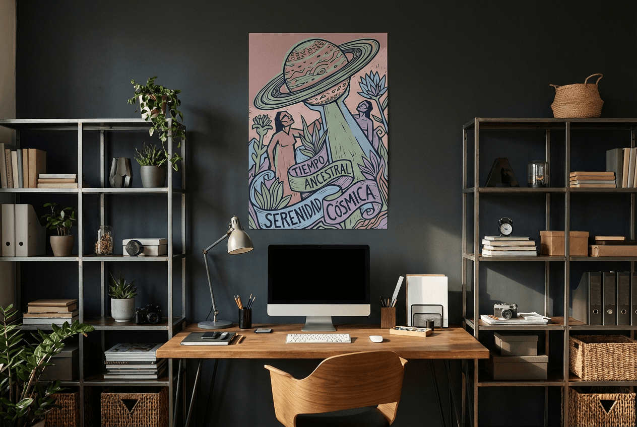 Contemporary desk with Saturn planet poster on dark gray wall, industrial style