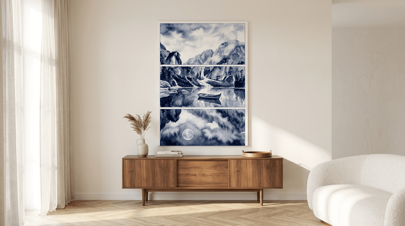 Minimalist living room with Windswept Coast poster as focal point above neutral sofa