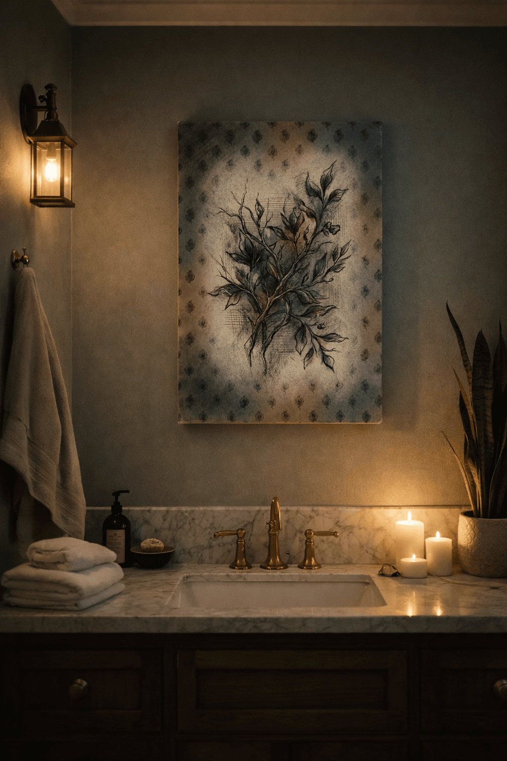Spa-like bathroom with Quiet Botanics canvas creating tranquil atmosphere