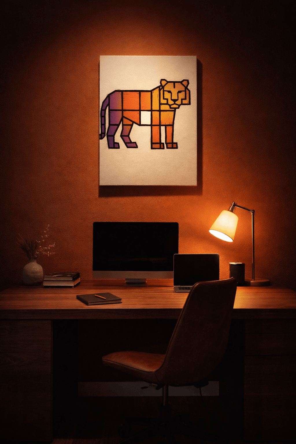 Modern office with Tiger Sunset Grid canvas print above workspace