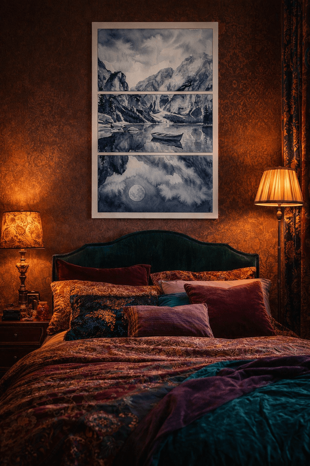Eclectic bedroom with Watercolor Landscape Still poster amid curated décor