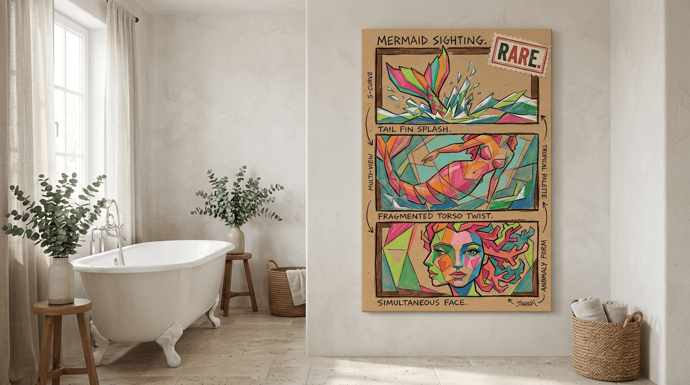 Canvas Rare Mermaid artwork displayed in a luxury spa-style bathroom with marble and brass accents