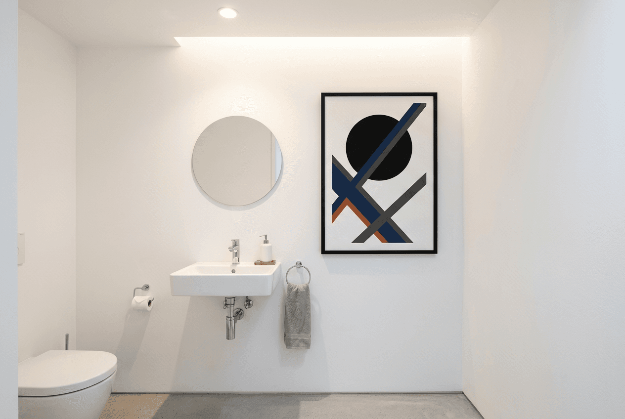 Canvas Water Ripples in a clean, minimalist bathroom with white walls and modern fixtures