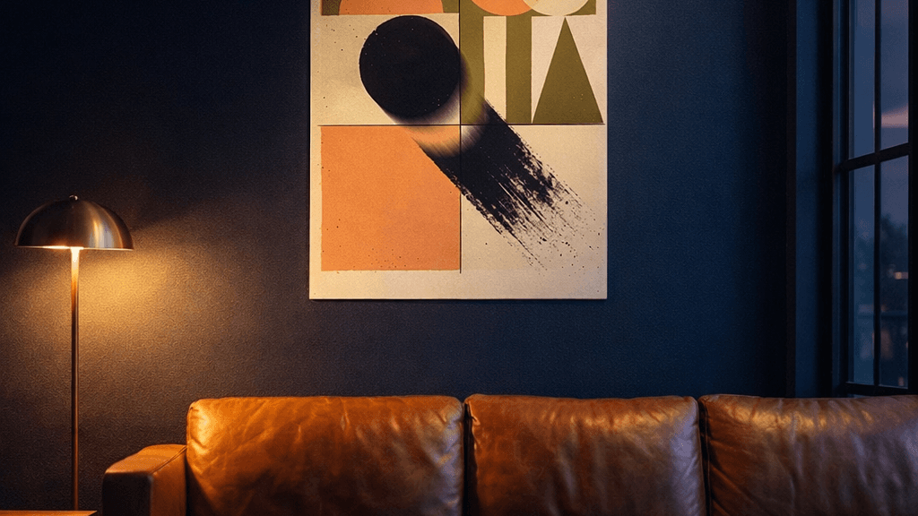 Bauhaus abstract canvas print above a leather sofa in an industrial living room at dusk