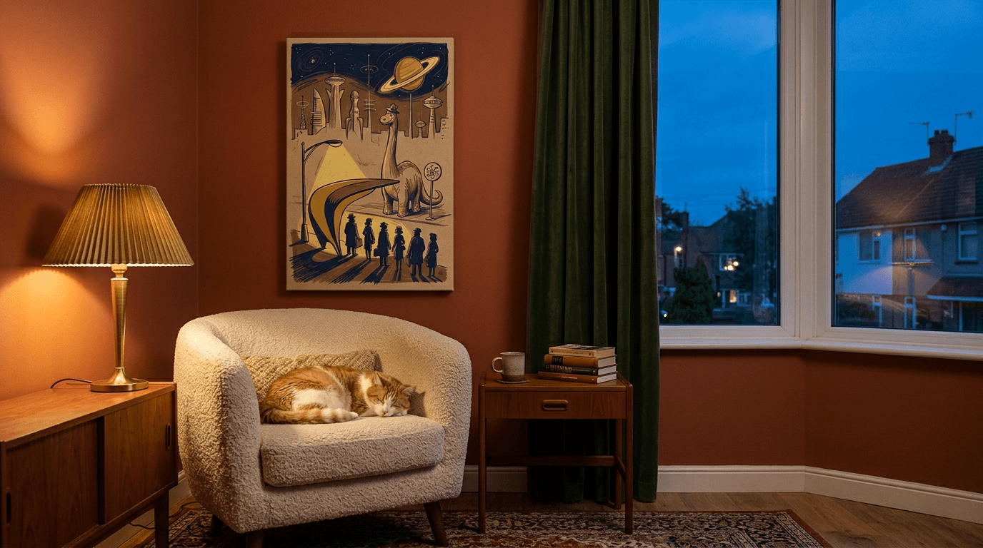 Modern living room with warm terracotta walls and natural light, featuring wall art as focal point
