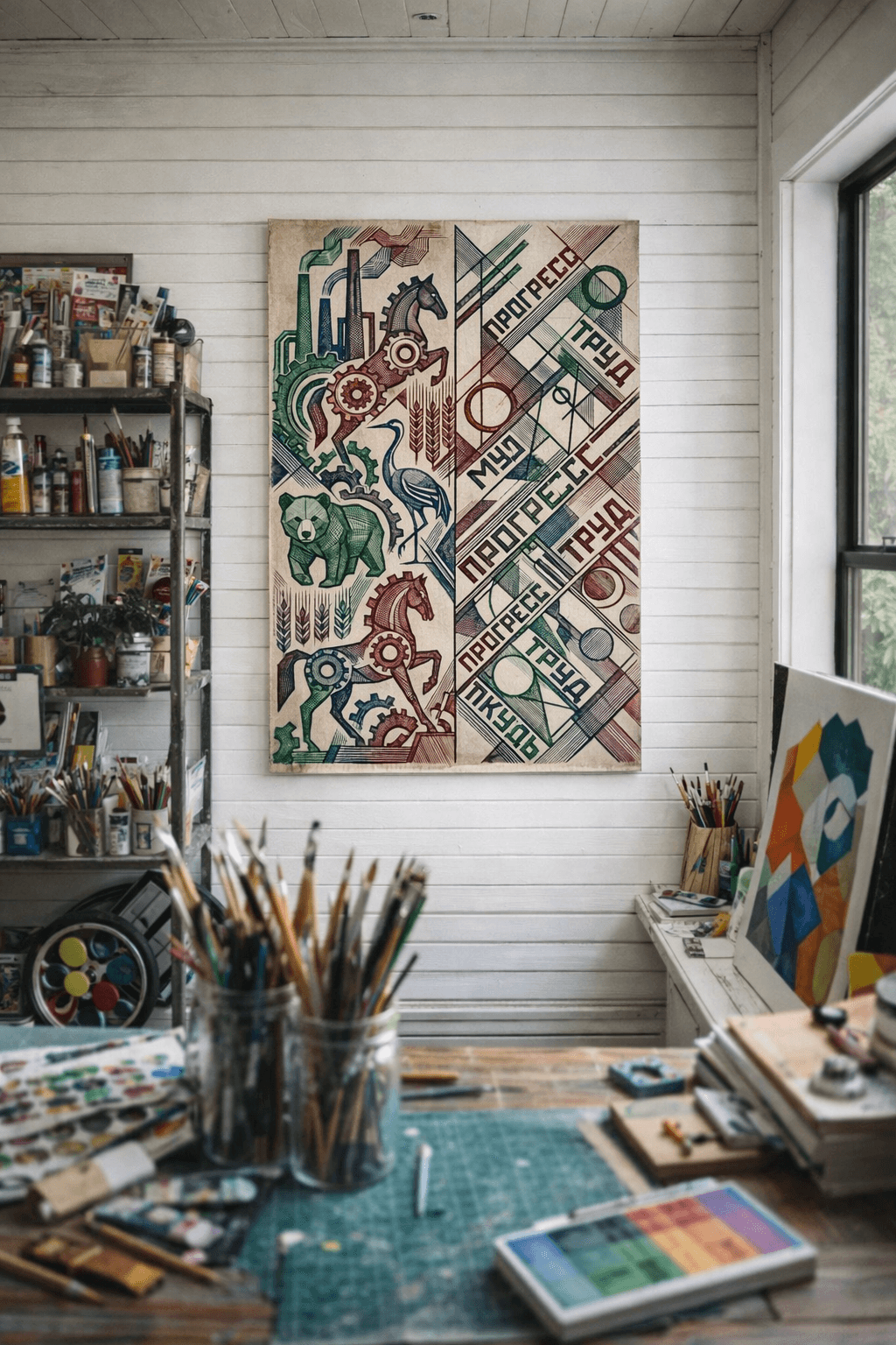 Creative studio with white walls and natural north light, canvas among art supplies