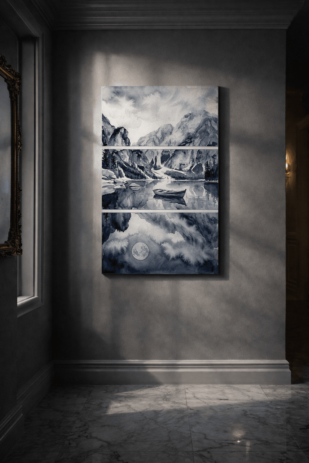 Elegant entryway with grey walls and marble floors, poster as gallery focal point