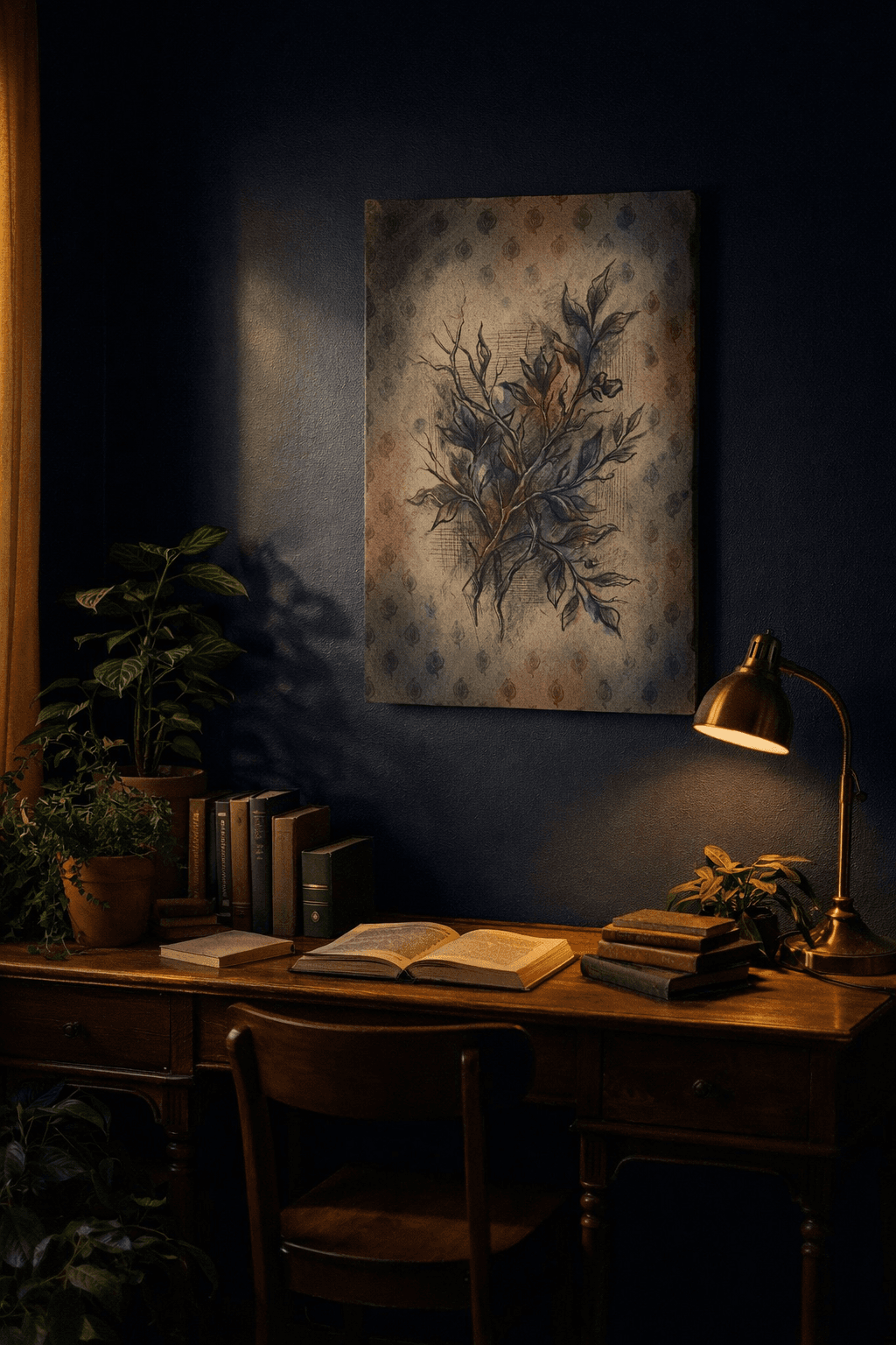 Home office with navy walls and warm brass lighting, canvas art above desk