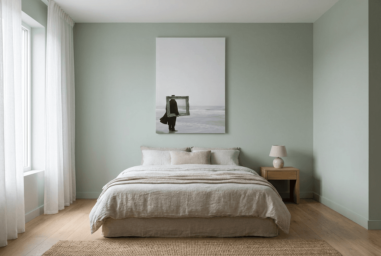Serene bedroom with sage walls and natural morning light, poster above bed