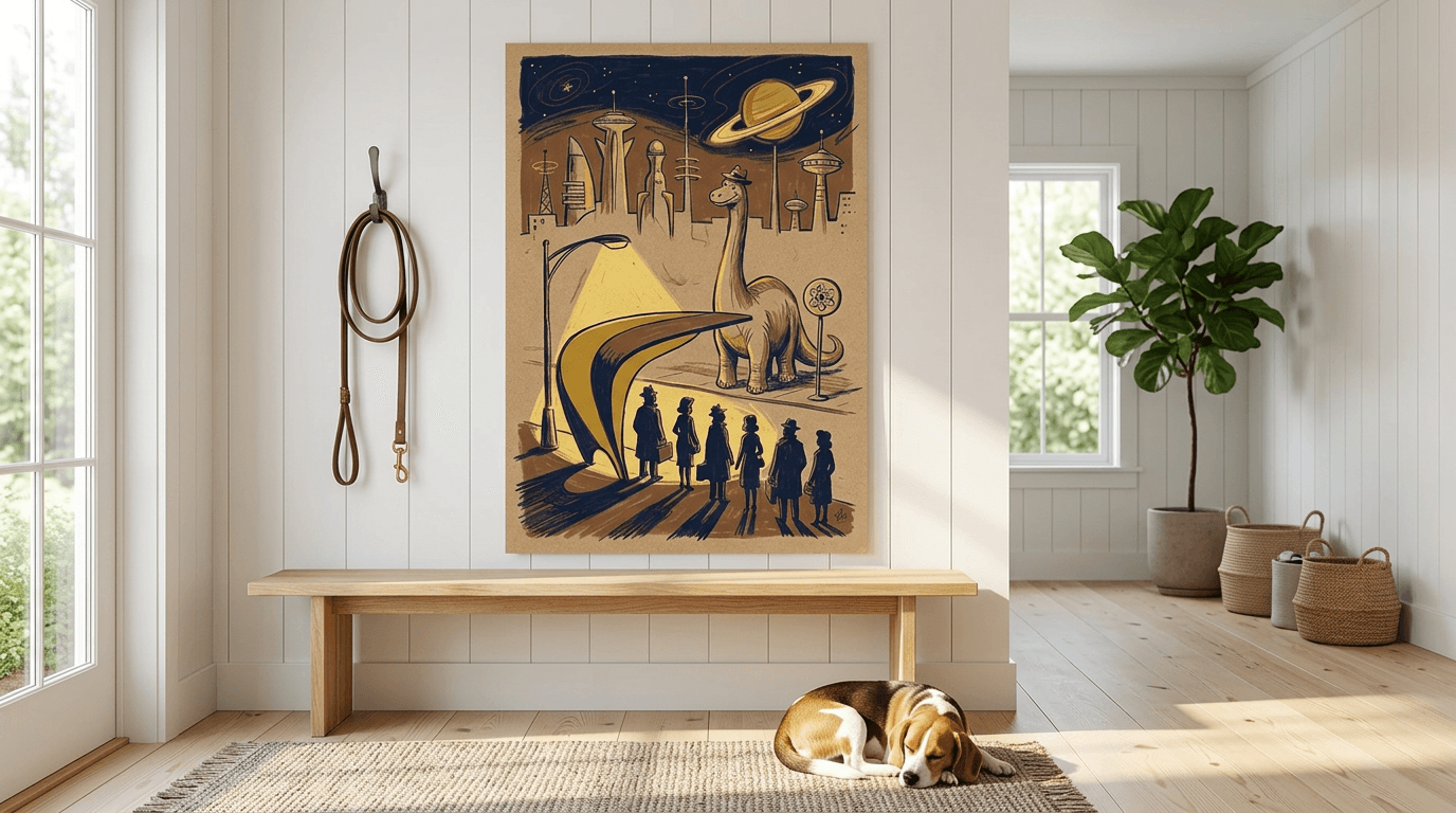 Modern living room with warm terracotta walls and mid-century furniture, poster on wall