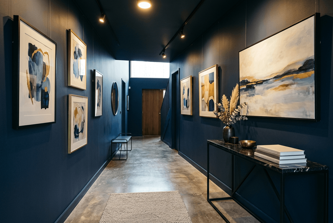 Contemporary entryway with navy walls and marble console, city poster as statement piece