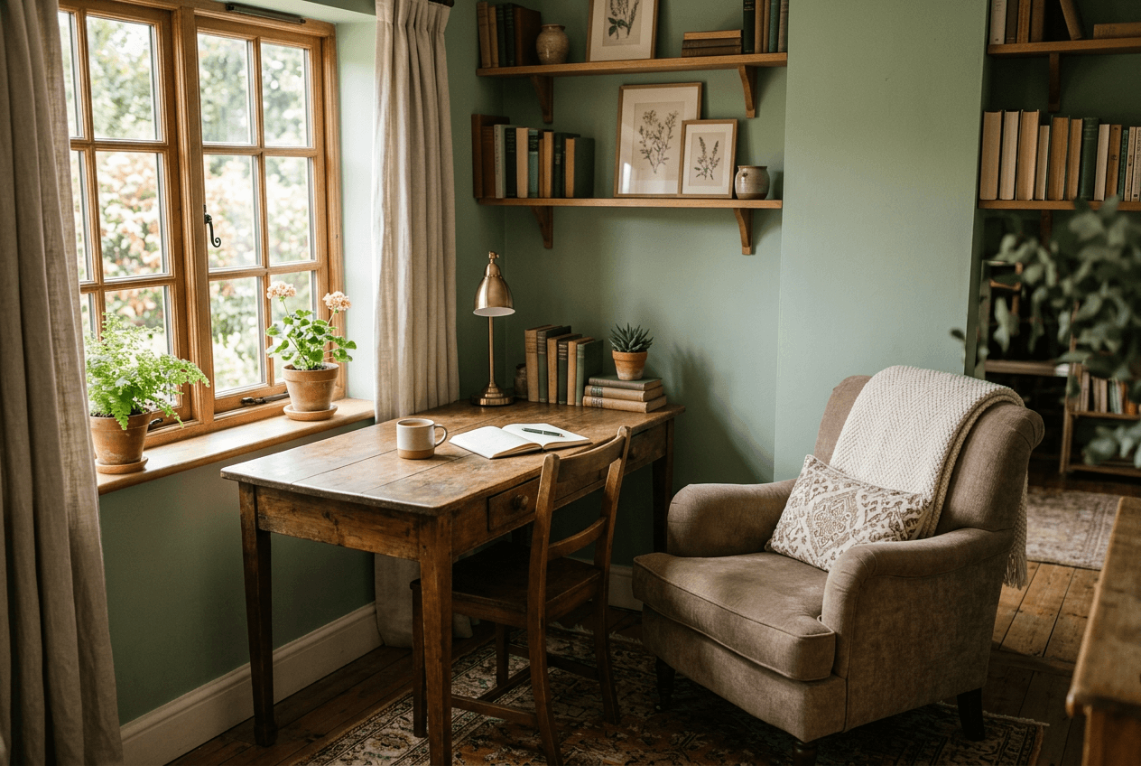 Home office with sage walls and vintage desk, nature poster on wall above workspace