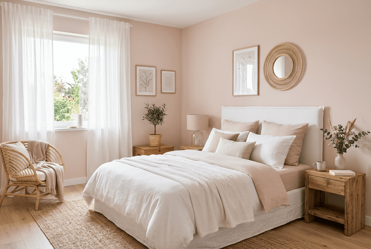 Serene bedroom with blush walls and white linens, botanical poster as focal point