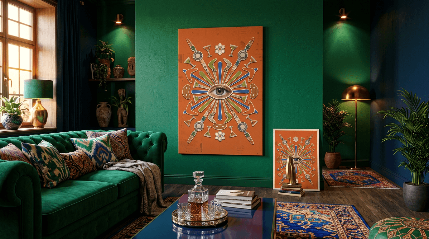 Maximalist living room with bold poster art as focal point above layered seating