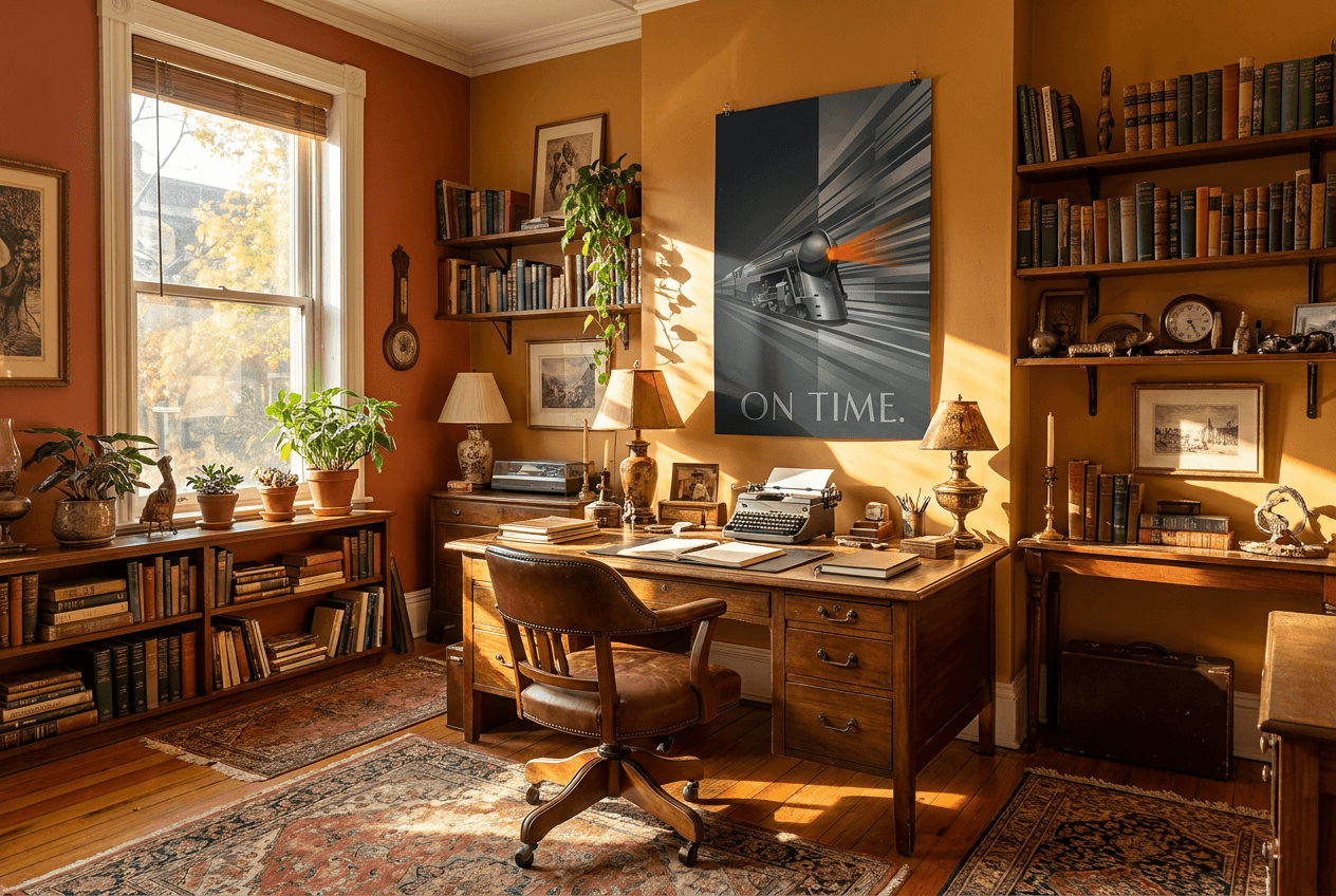 Maximalist office space with art-deco train poster inspiring creative energy