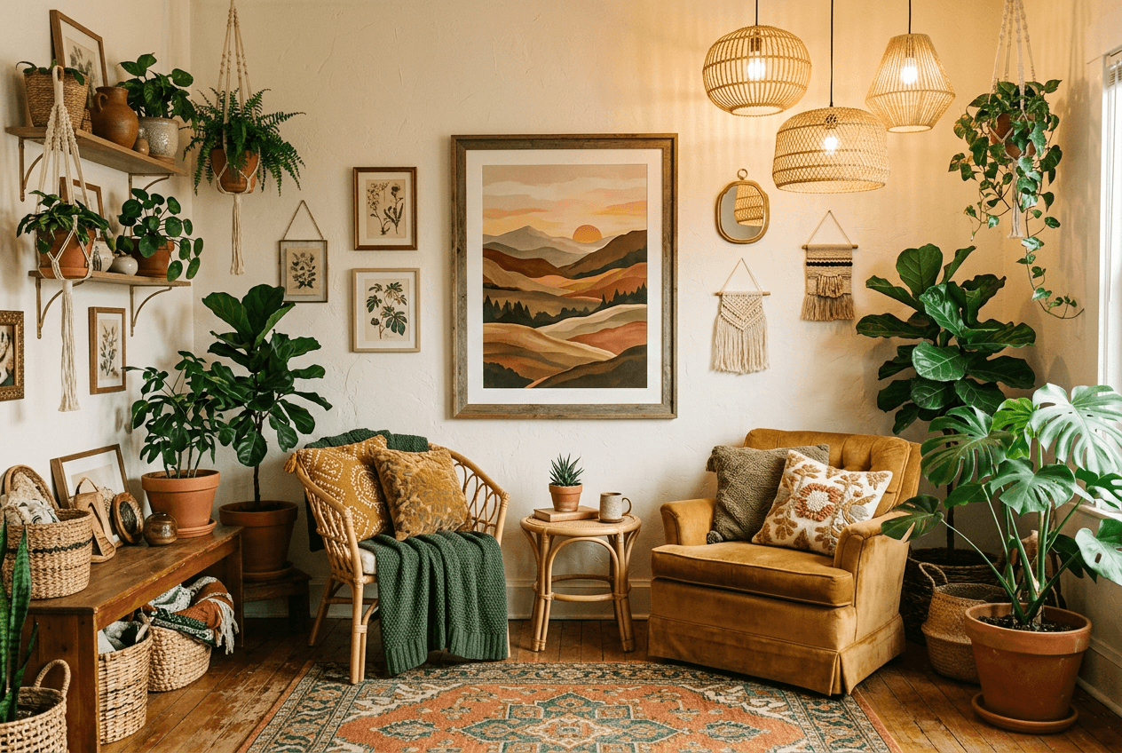 Cozy bohemian nook with windswept coastal poster as contemplative focal point
