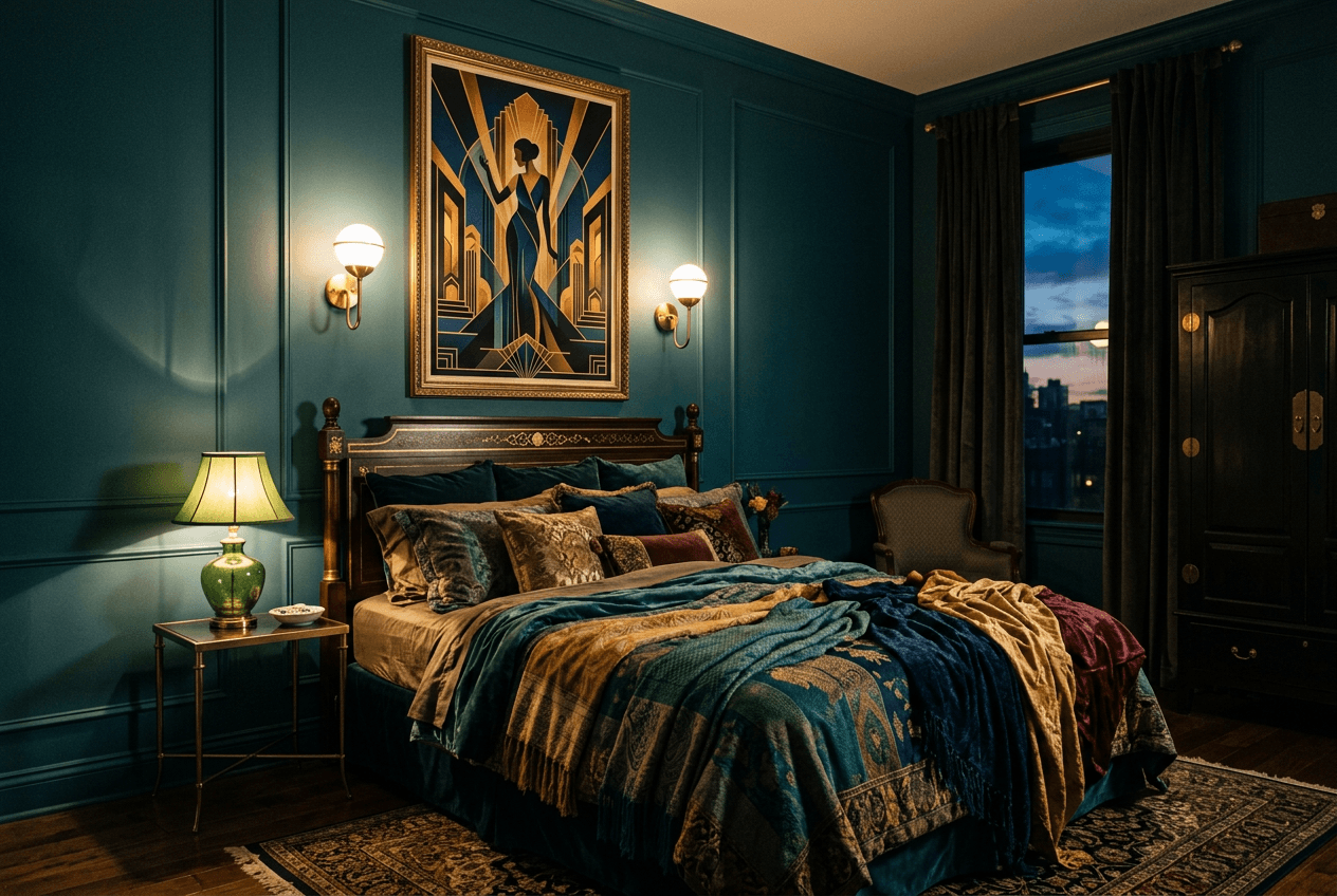 Art-deco bedroom with tiger-themed poster as statement piece above bed