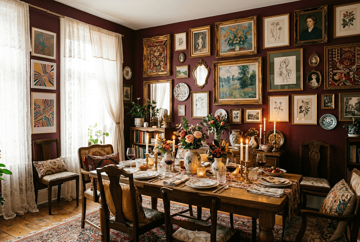Dining room with watercolor floral poster anchoring a richly decorated wall display