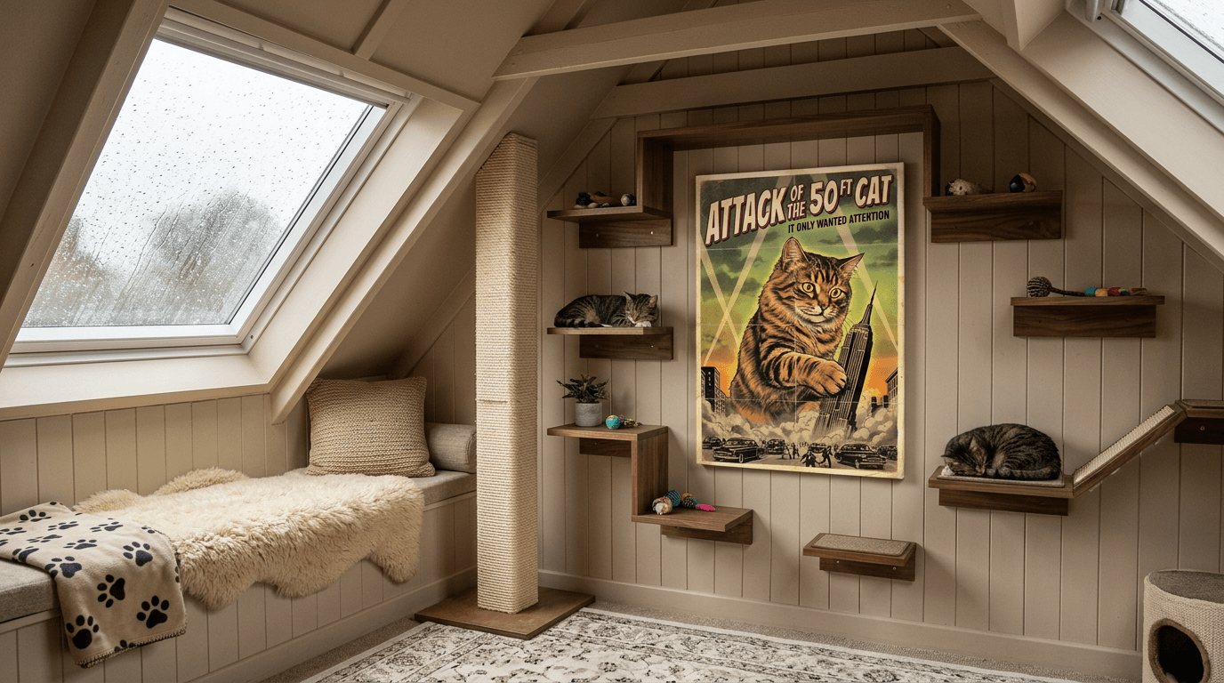 Retro cat poster in a cozy attic cat room with walnut cat shelves and a window seat on a rainy day