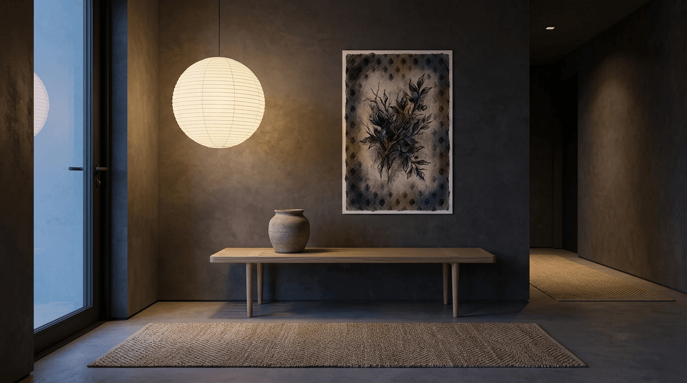 Minimalist botanical poster in a calm Japandi entryway with ash wood bench and paper lantern light